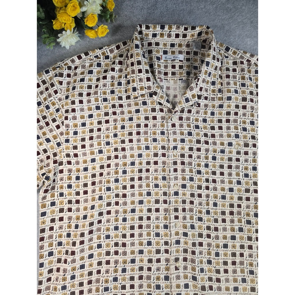 Burma Bibas Men 2XL Silk Button Up Shirt Geometric Floral Print Short Sleeve Y2K